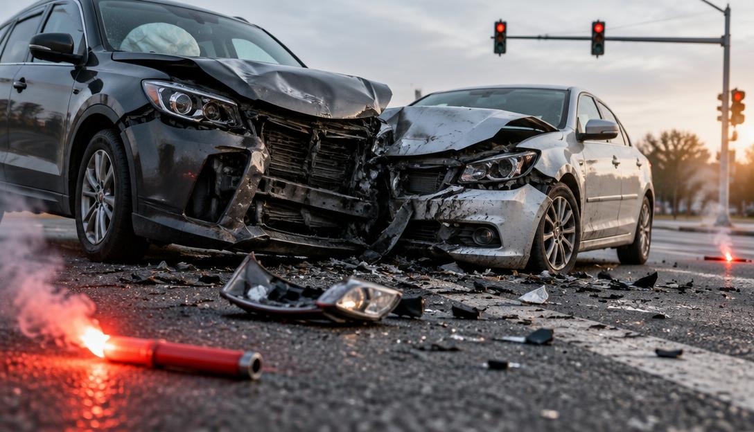 Choque en una intersección con dos vehículos con daños severos al frente, vidrios y una autopartes sobre el asfalto y bengalas de emergencia