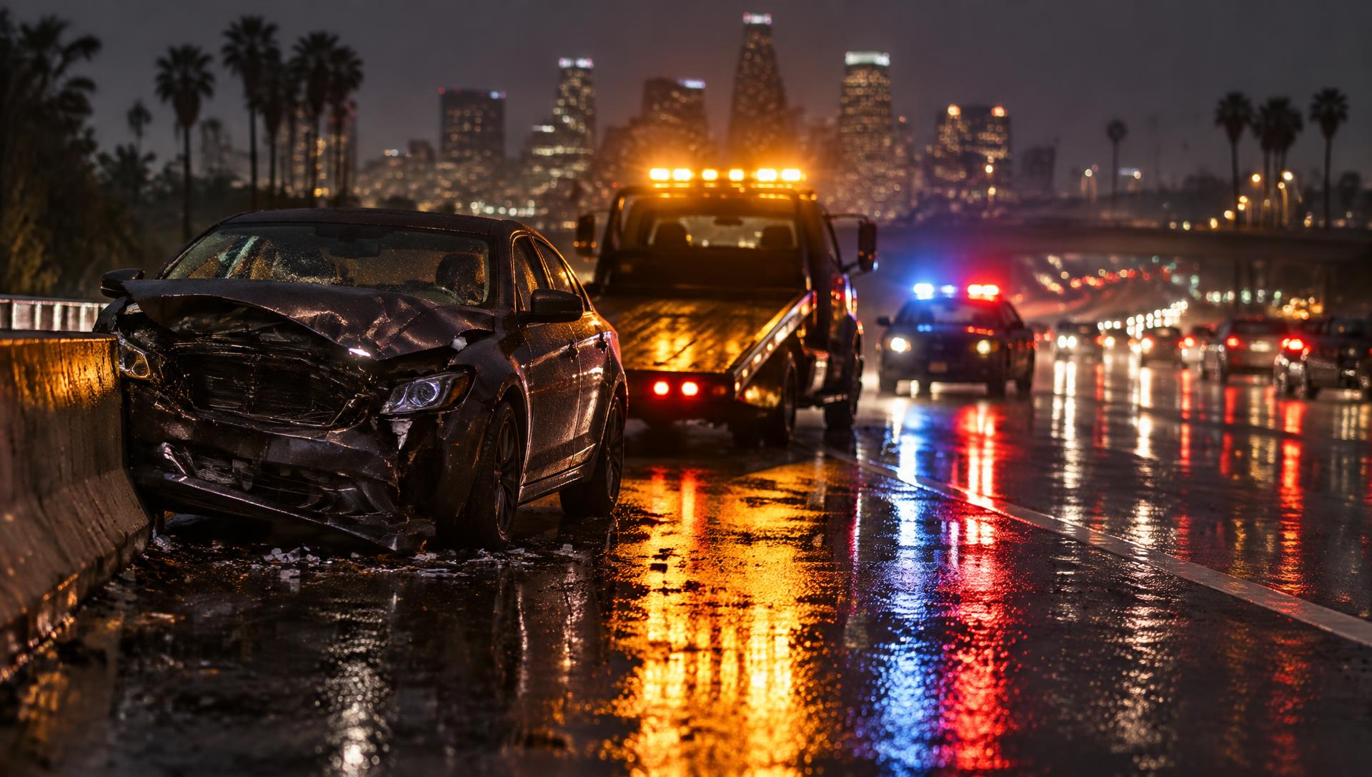 Autopista del sur de California de noche bajo la lluvia, con un sedán dañado en el acotamiento, una grúa con luces ámbar y patrullas reflejándose en el asfalto mojado